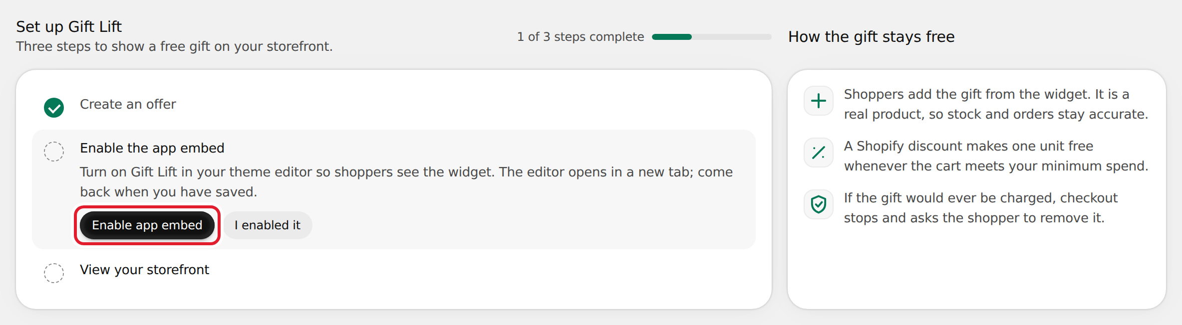 The Set up Gift Lift guide on Home with three steps; Enable app embed is outlined