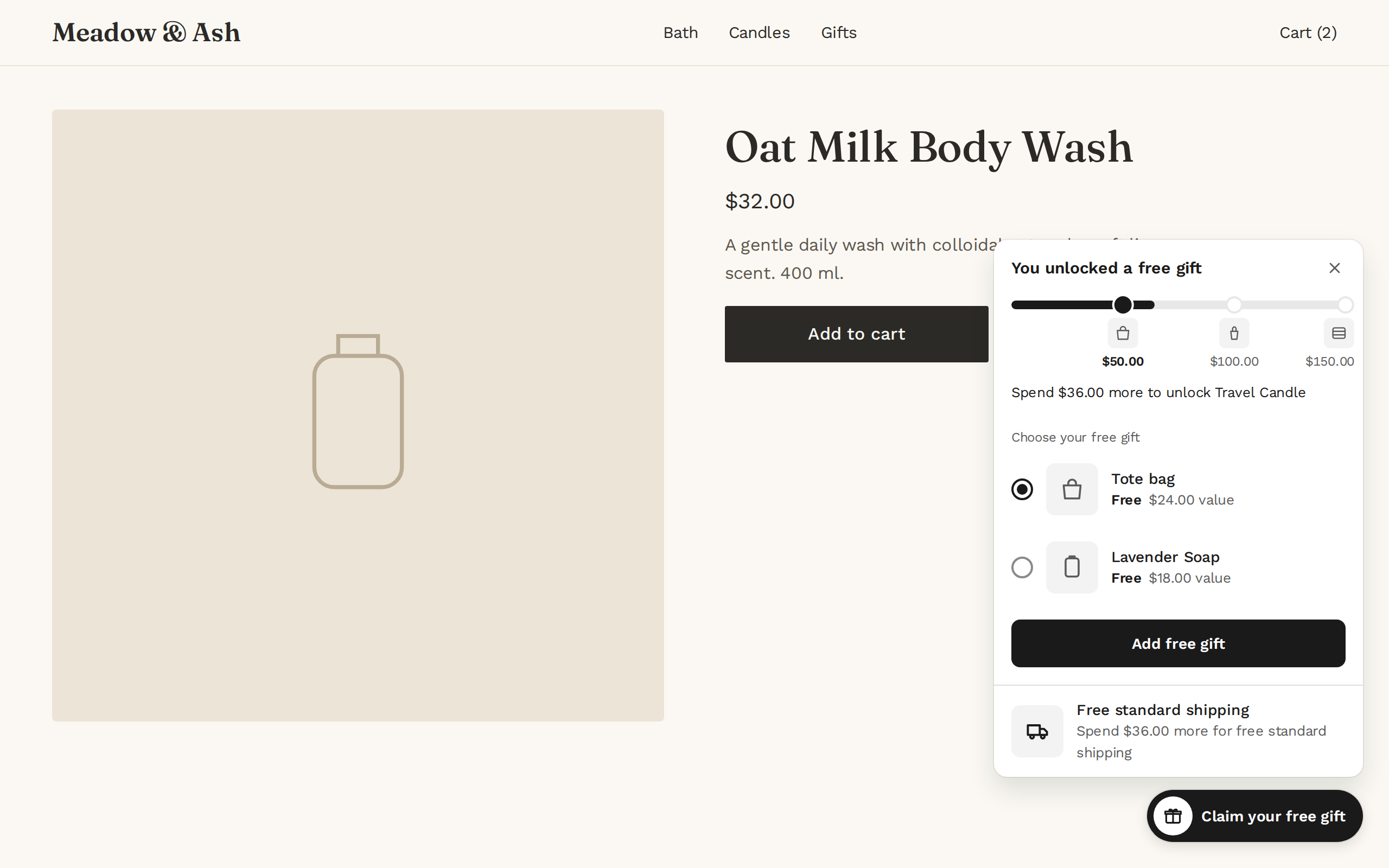 A product page with the Gift Lift panel open, showing a tier bar and two free gifts to choose from